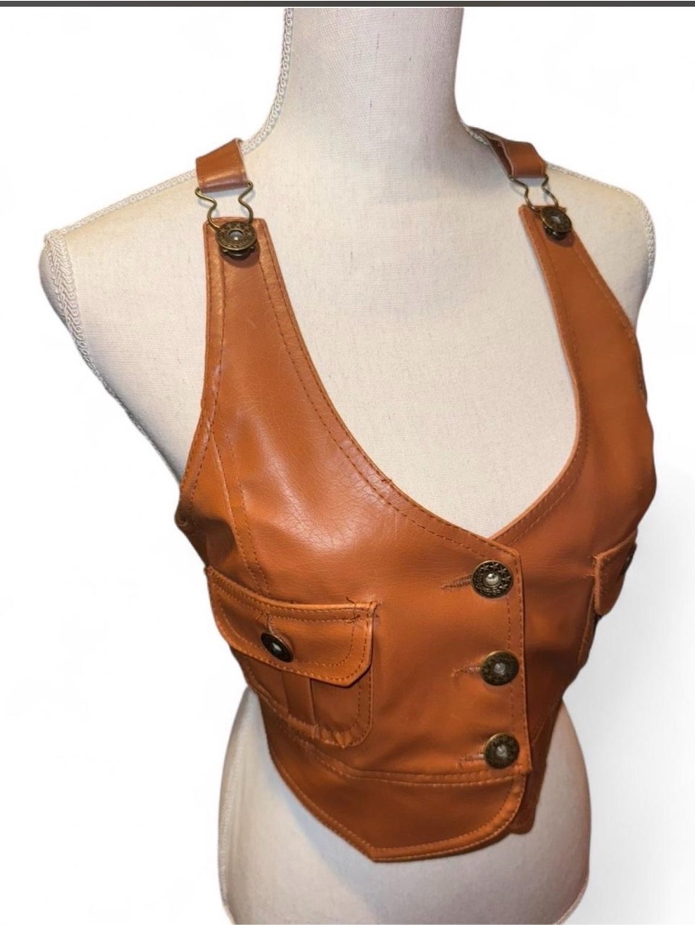 Body Central Cognac Leather Button-Front Crop Vest - Picture 2 of 5